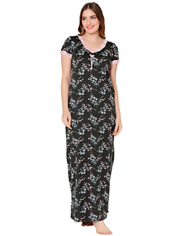 Bodycare Womens Combed Cotton V Neck Printed Long Night Dress-BSN10010