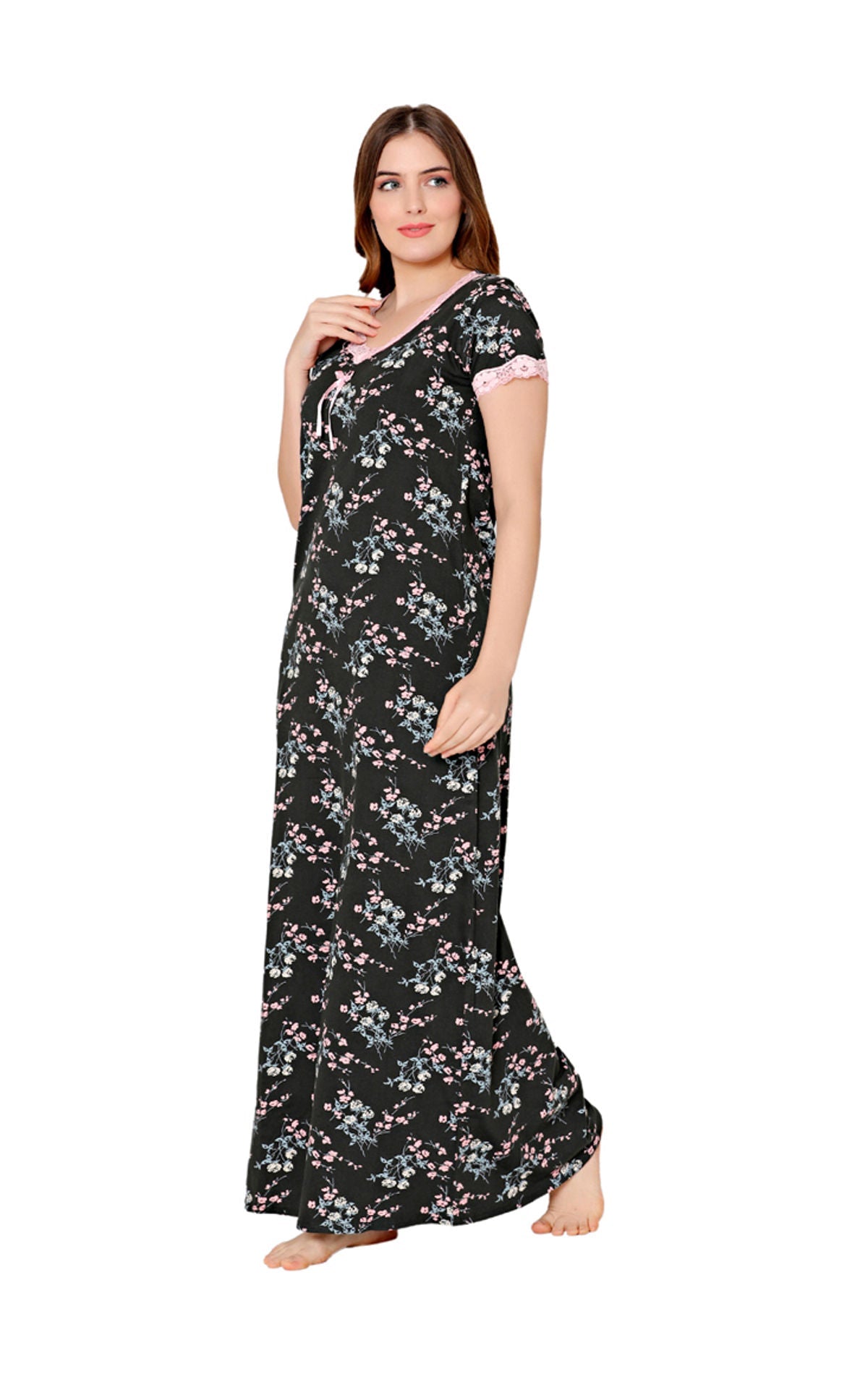 Bodycare Womens Combed Cotton V Neck Printed Long Night Dress-BSN10010