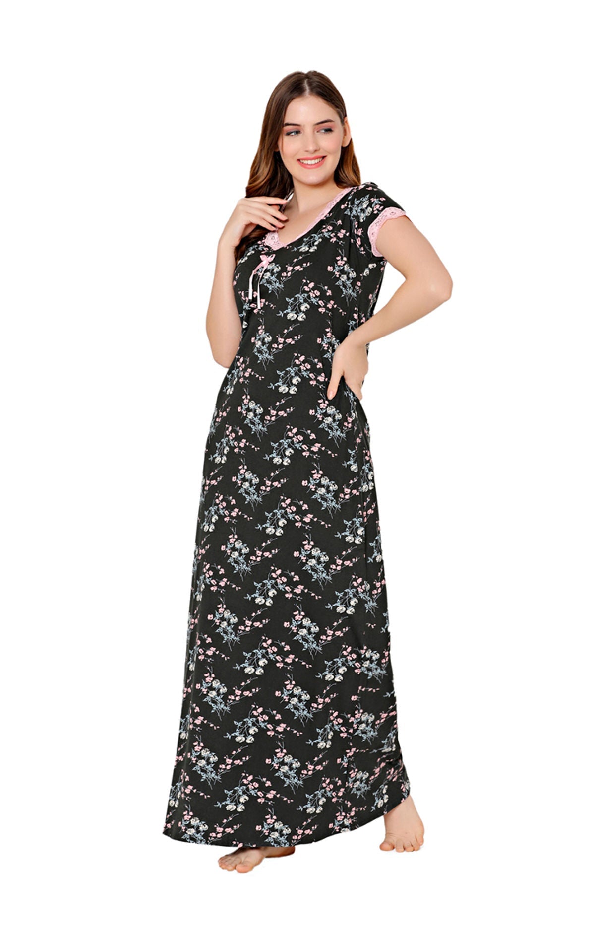 Bodycare Womens Combed Cotton V Neck Printed Long Night Dress-BSN10010