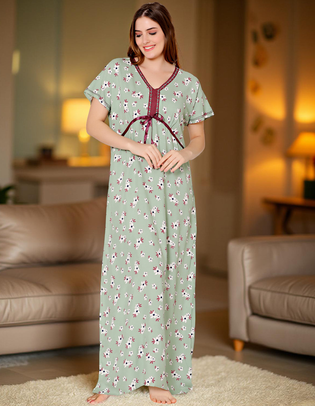 Bodycare Womens Rayon V Neck Floral Print Long Night Dress-BSN1009A