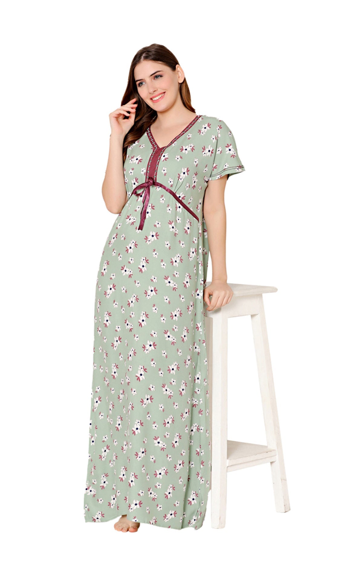 Bodycare Womens Rayon V Neck Floral Print Long Night Dress-BSN1009A