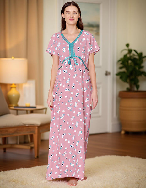 Bodycare Womens Rayon V Neck Floral Print Long Night Dress-BSN1009B