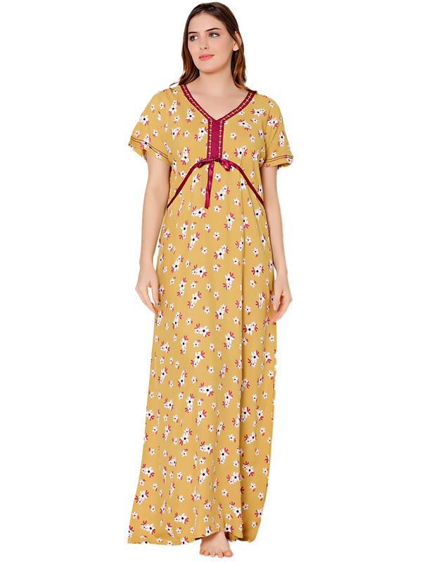 Bodycare Womens Rayon V Neck Floral Print Long Night Dress-BSN1009C