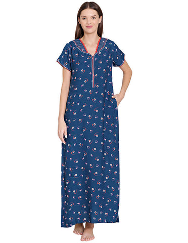 Bodycare Womens Rayon V Neck Floral Print Long Night Dress-BSN1010B