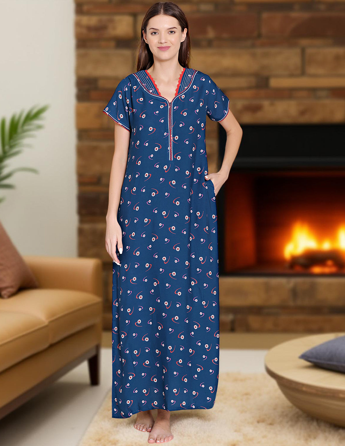 Bodycare Womens Rayon V Neck Floral Print Long Night Dress-BSN1010B