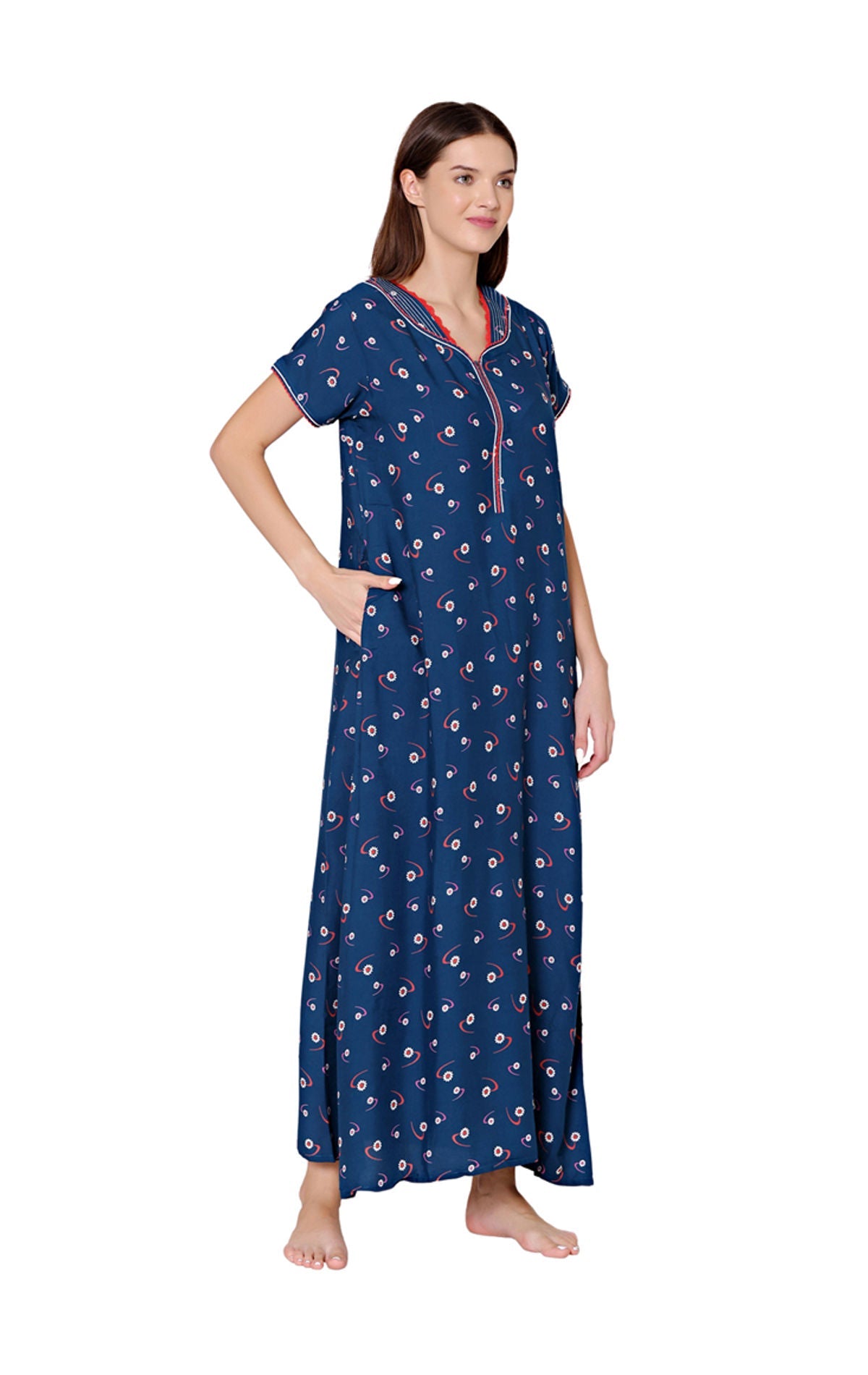 Bodycare Womens Rayon V Neck Floral Print Long Night Dress-BSN1010B