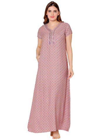 Bodycare Womens Polycotton V Neck Printed Long Night Dress-BSN2004A