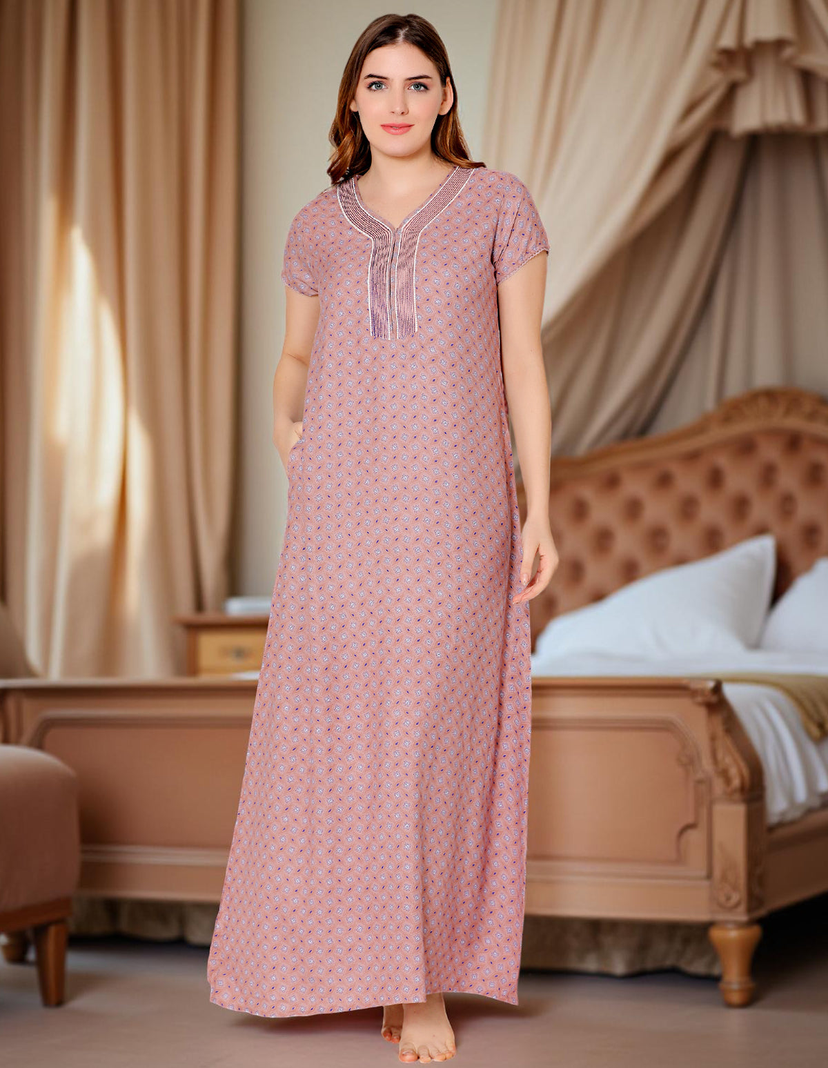 Bodycare Womens Polycotton V Neck Printed Long Night Dress-BSN2004A