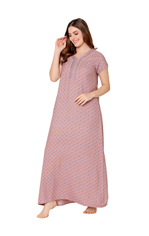 Bodycare Womens Polycotton V Neck Printed Long Night Dress-BSN2004A