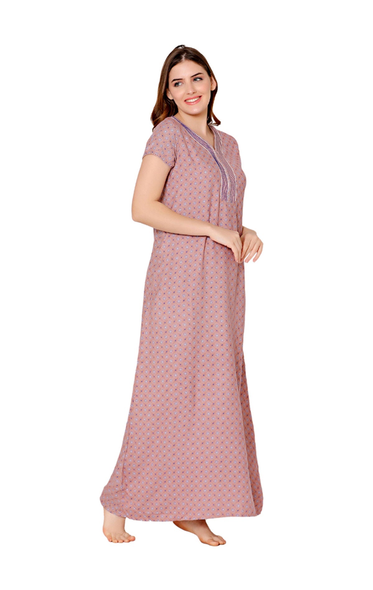 Bodycare Womens Polycotton V Neck Printed Long Night Dress-BSN2004A