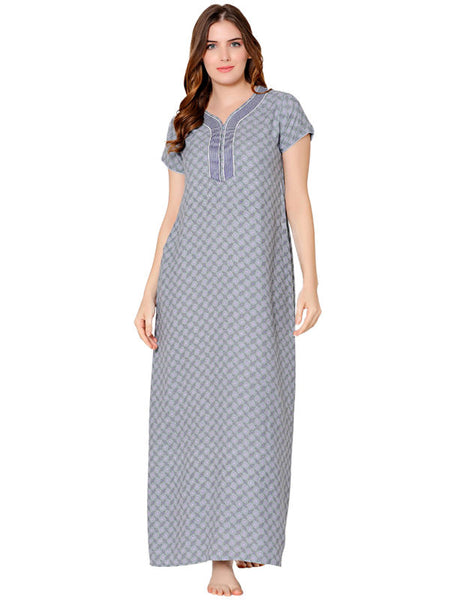 Bodycare Womens Polycotton V Neck Printed Long Night Dress-BSN2004B