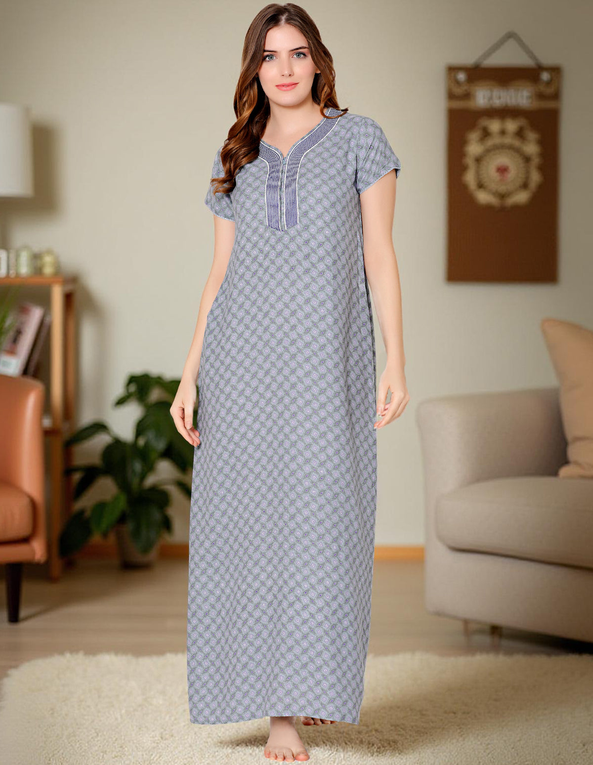 Bodycare Womens Polycotton V Neck Printed Long Night Dress-BSN2004B