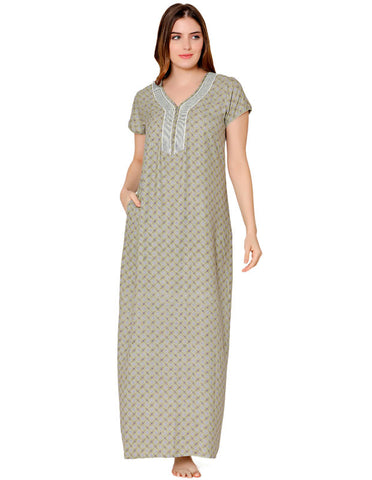 Bodycare Womens Polycotton V Neck Printed Long Night Dress-BSN2004C