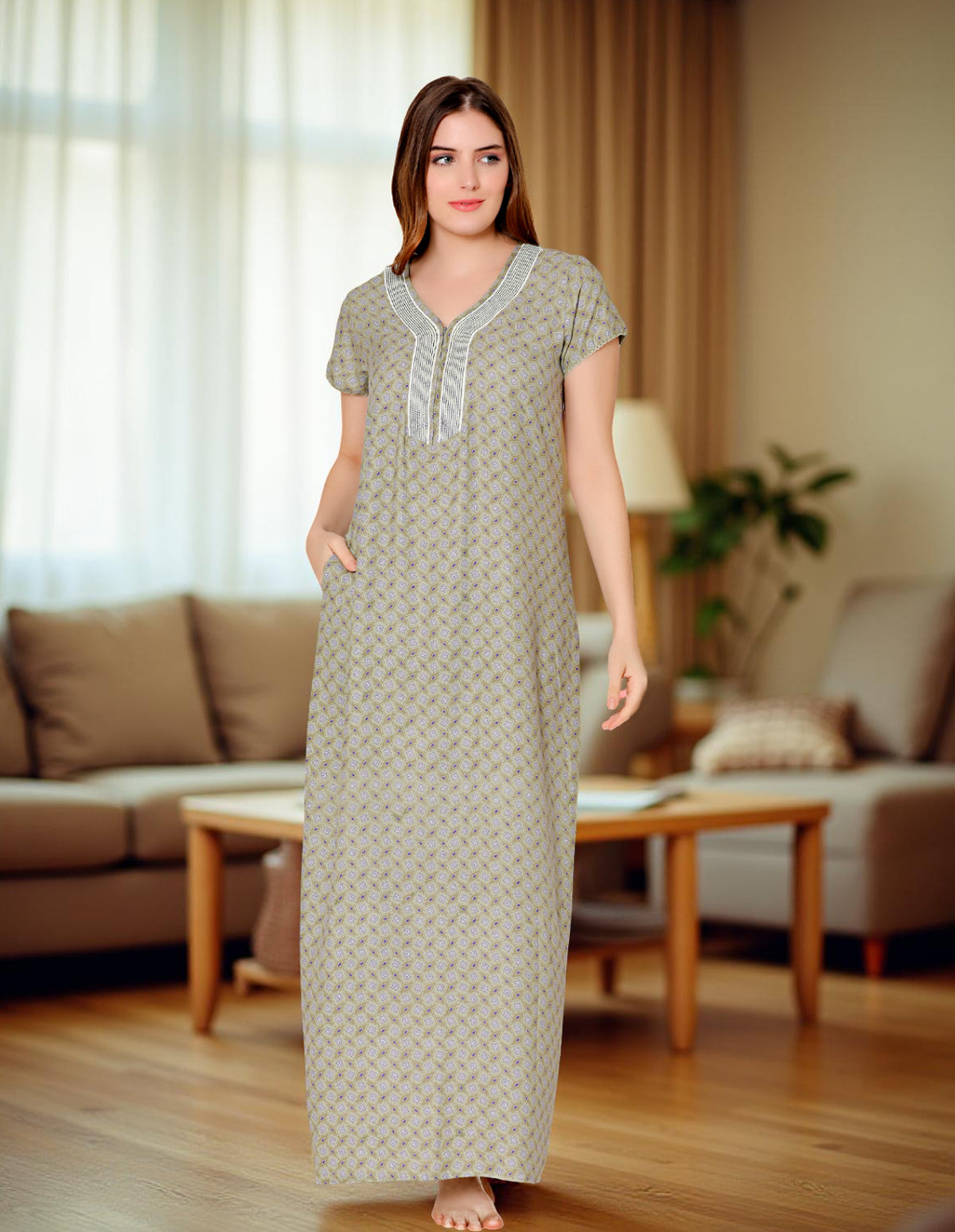 Bodycare Womens Polycotton V Neck Printed Long Night Dress-BSN2004C