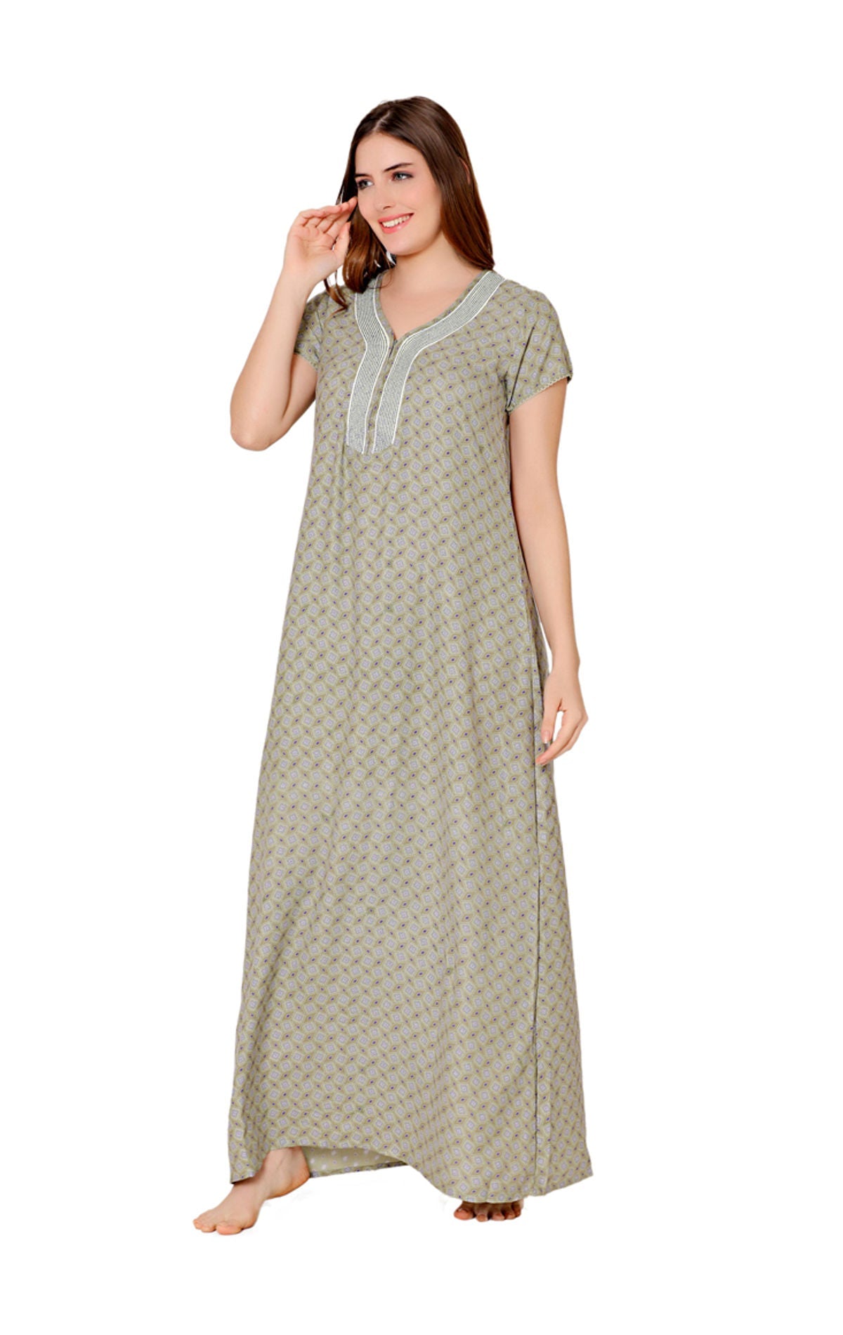 Bodycare Womens Polycotton V Neck Printed Long Night Dress-BSN2004C