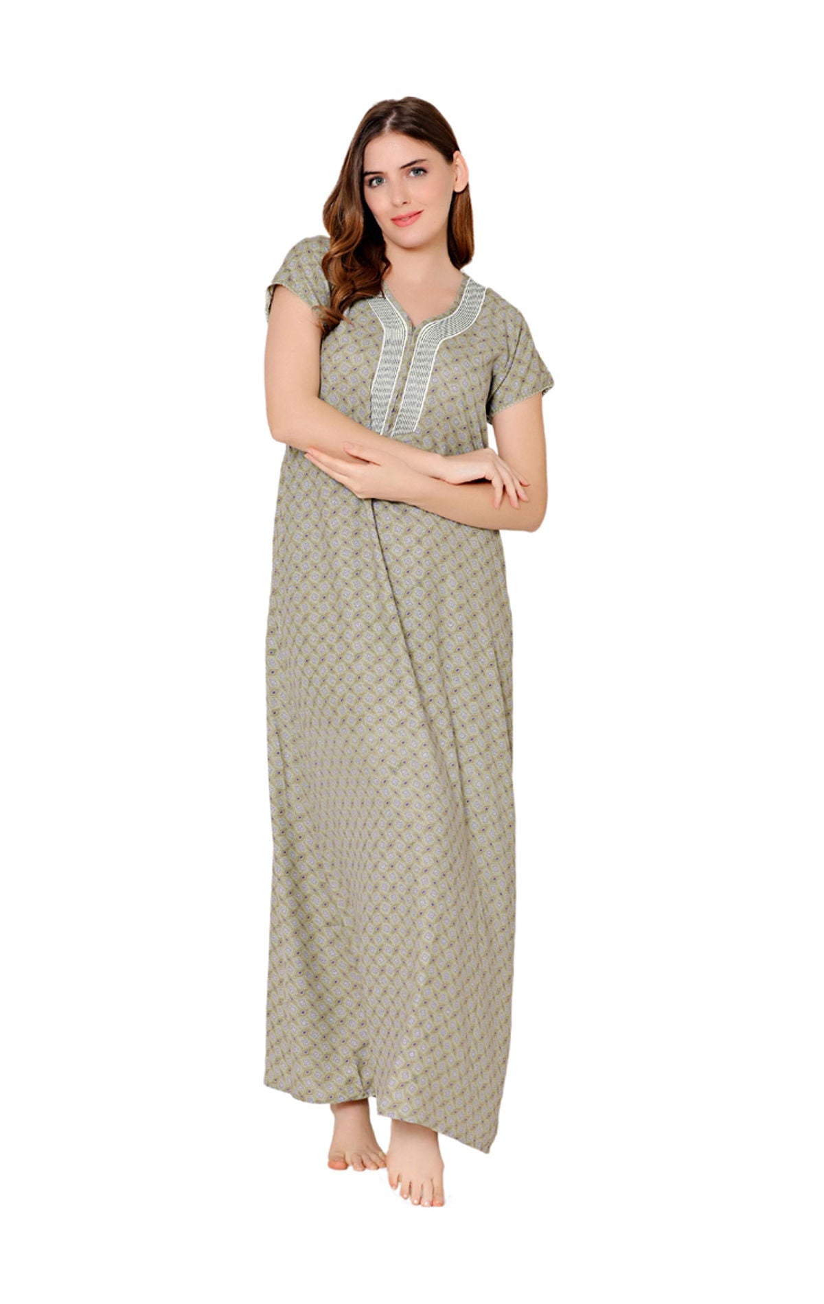 Bodycare Womens Polycotton V Neck Printed Long Night Dress-BSN2004C