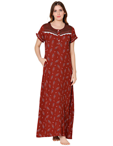 Bodycare Womens Polycotton Round Neck Printed Long Night Dress-BSN2005B