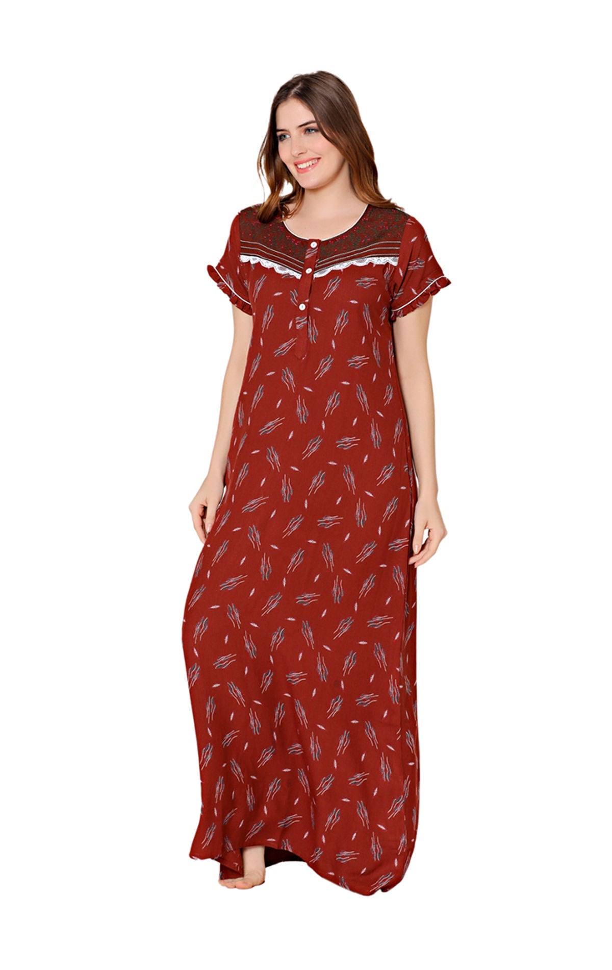 Bodycare Womens Polycotton Round Neck Printed Long Night Dress-BSN2005B