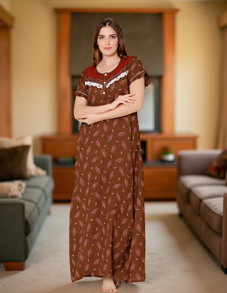 Bodycare Womens Polycotton Round Neck Printed Long Night Dress-BSN2005C