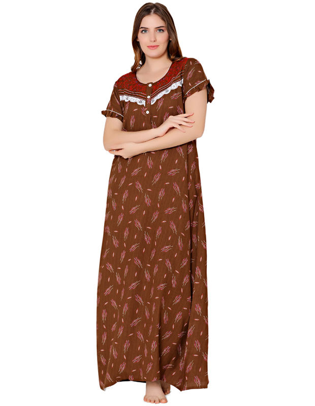 Bodycare Womens Polycotton Round Neck Printed Long Night Dress-BSN2005C