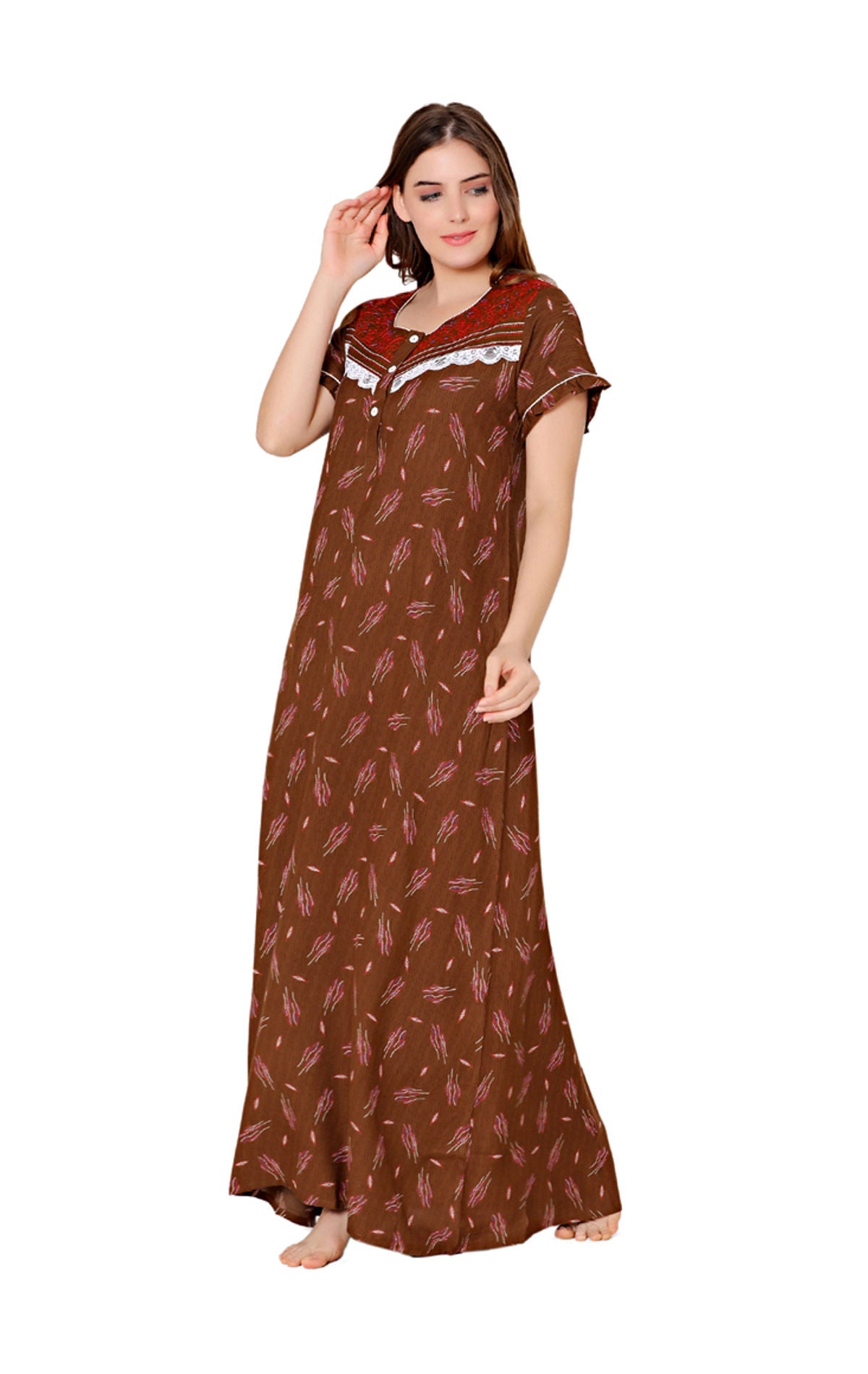 Bodycare Womens Polycotton Round Neck Printed Long Night Dress-BSN2005C