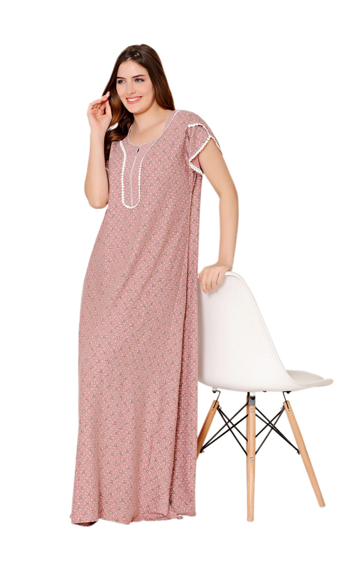 Bodycare Womens Polycotton Round Neck Printed Long Night Dress-BSN2006A