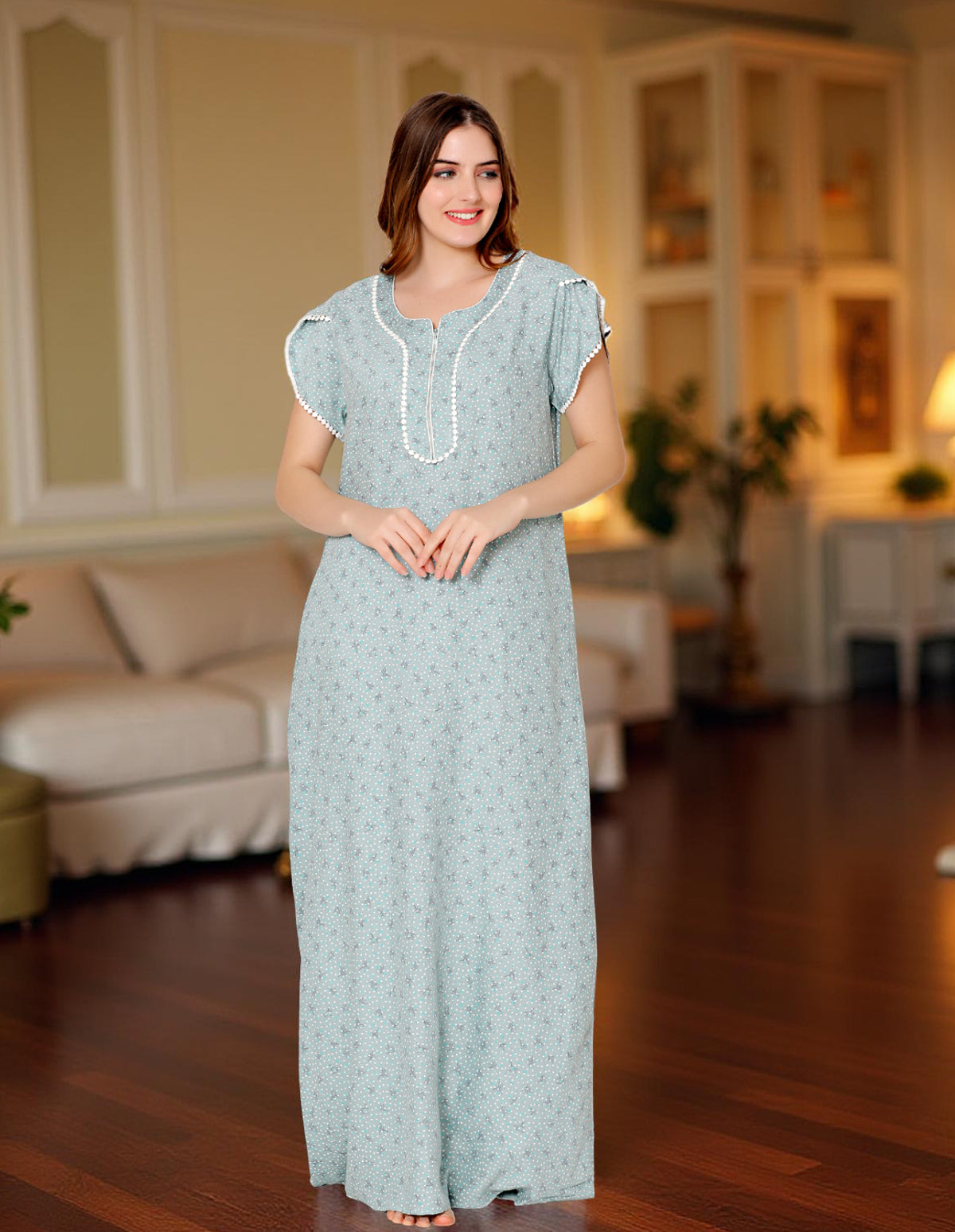 Bodycare Womens Polycotton Round Neck Printed Long Night Dress-BSN2006B