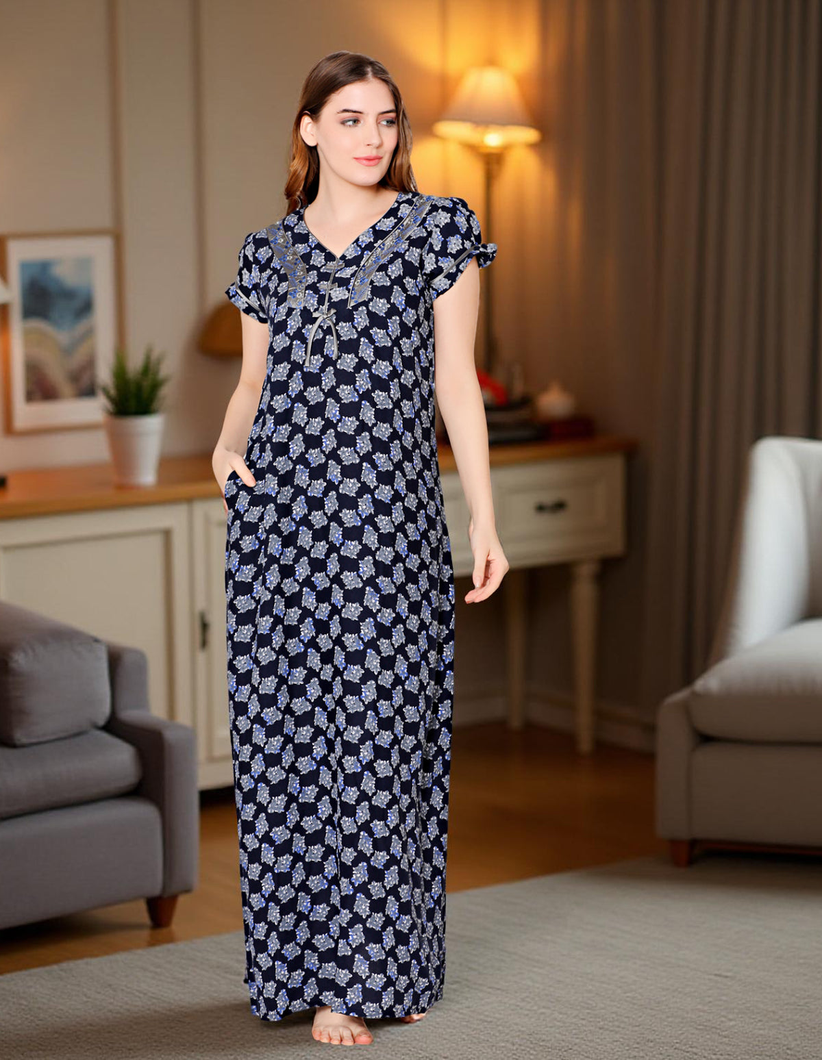 Bodycare Womens Polycotton V Neck Printed Long Night Dress-BSN2007A