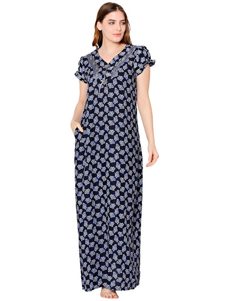 Bodycare Womens Polycotton V Neck Printed Long Night Dress-BSN2007A