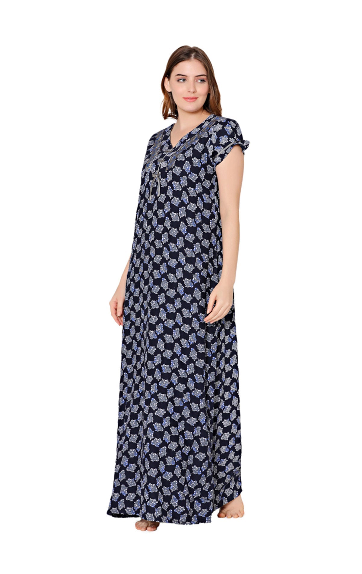 Bodycare Womens Polycotton V Neck Printed Long Night Dress-BSN2007A