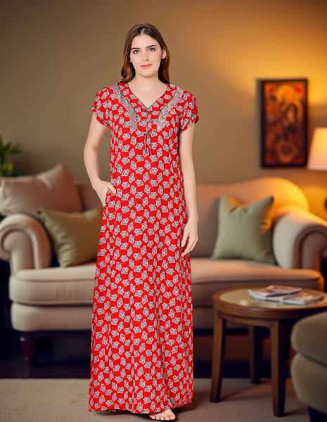 Bodycare Womens Polycotton V Neck Printed Long Night Dress-BSN2007B