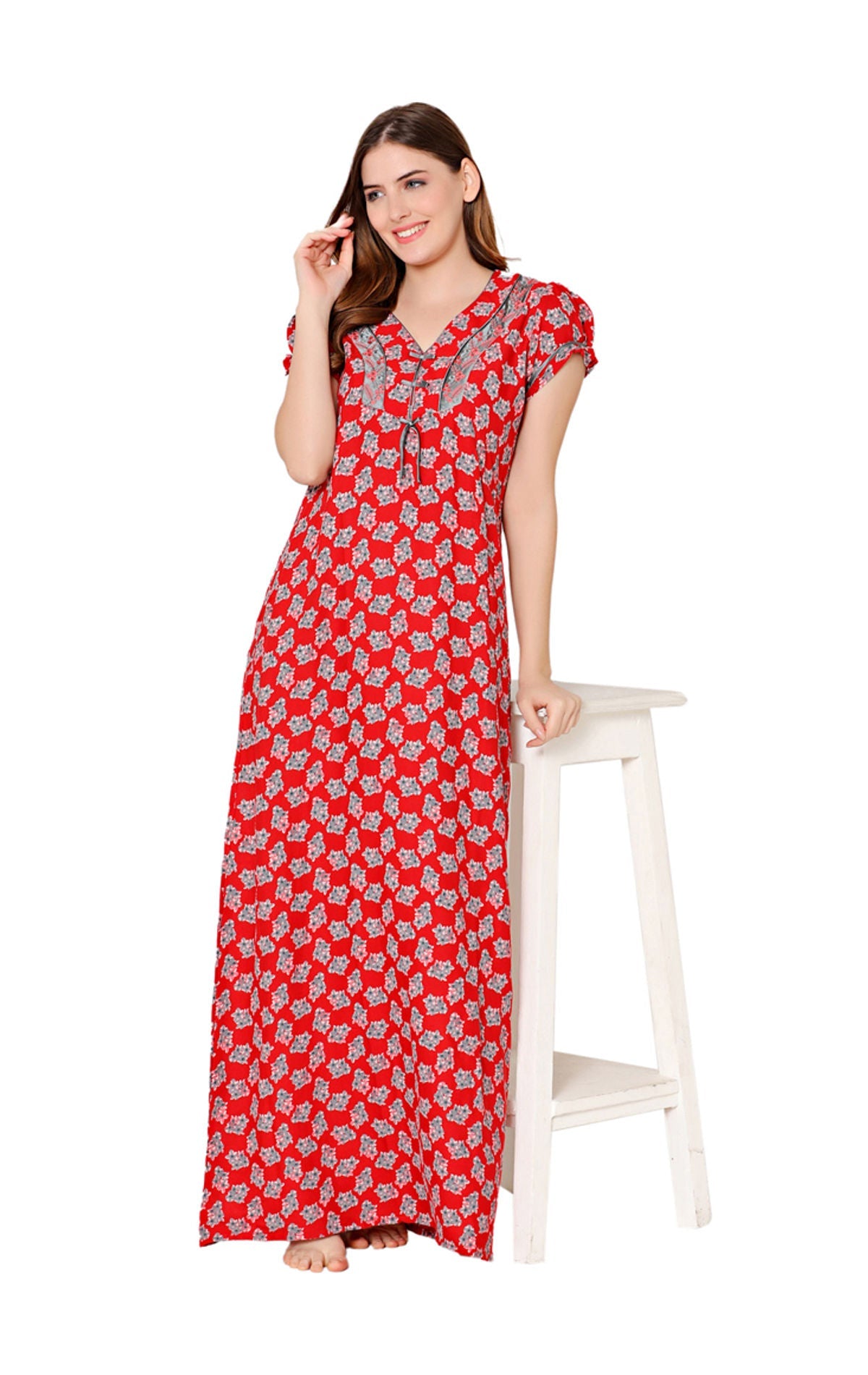 Bodycare Womens Polycotton V Neck Printed Long Night Dress-BSN2007B