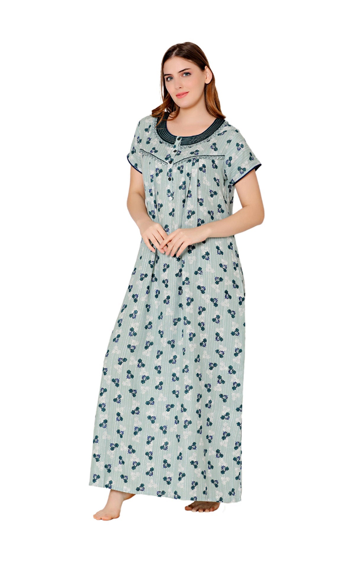 Bodycare Womens Polycotton Round Neck Printed Long Night Dress-BSN2008C