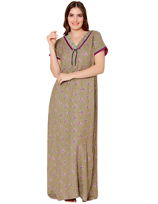 Bodycare Womens Polycotton V Neck Printed Long Night Dress-BSN2011A