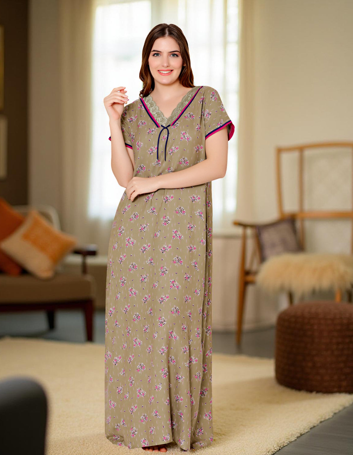 Bodycare Womens Polycotton V Neck Printed Long Night Dress-BSN2011A