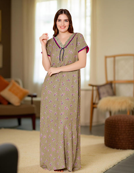 Bodycare Womens Polycotton V Neck Printed Long Night Dress-BSN2011A