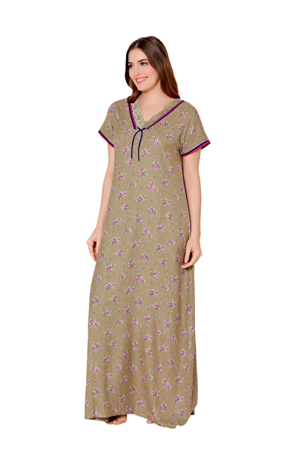 Bodycare Womens Polycotton V Neck Printed Long Night Dress-BSN2011A