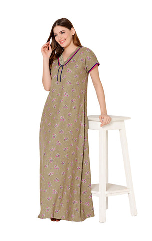 Bodycare Womens Polycotton V Neck Printed Long Night Dress-BSN2011A