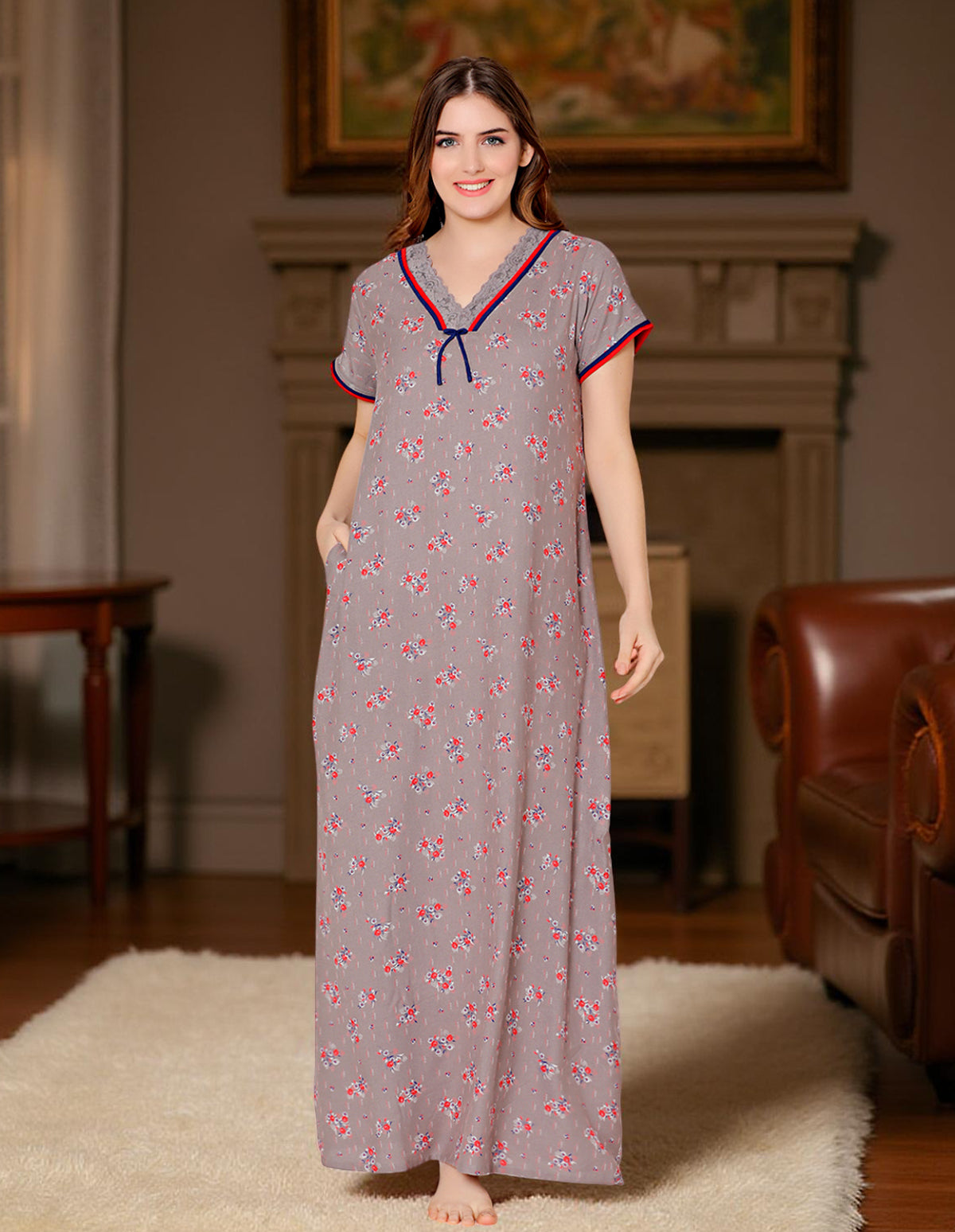 Bodycare Womens Polycotton V Neck Printed Long Night Dress-BSN2011B