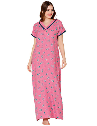 Bodycare Womens Polycotton V Neck Printed Long Night Dress-BSN2011C