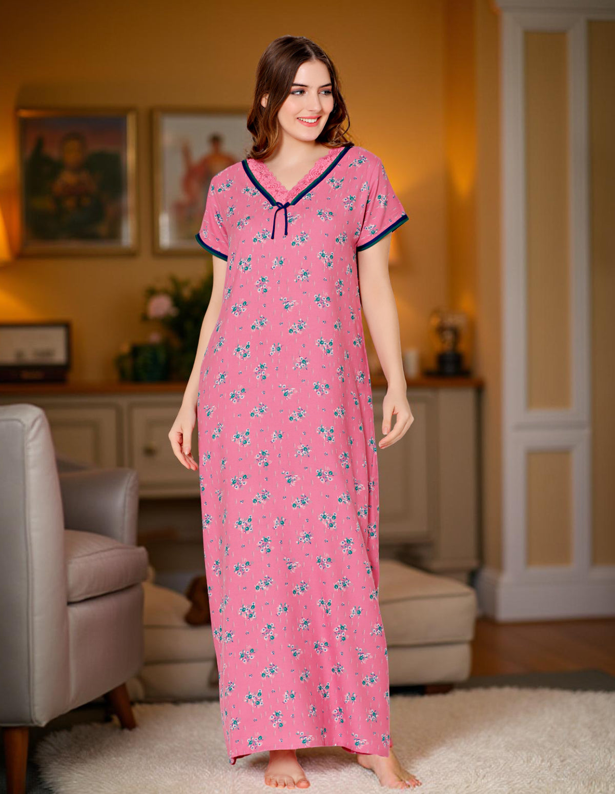 Bodycare Womens Polycotton V Neck Printed Long Night Dress-BSN2011C