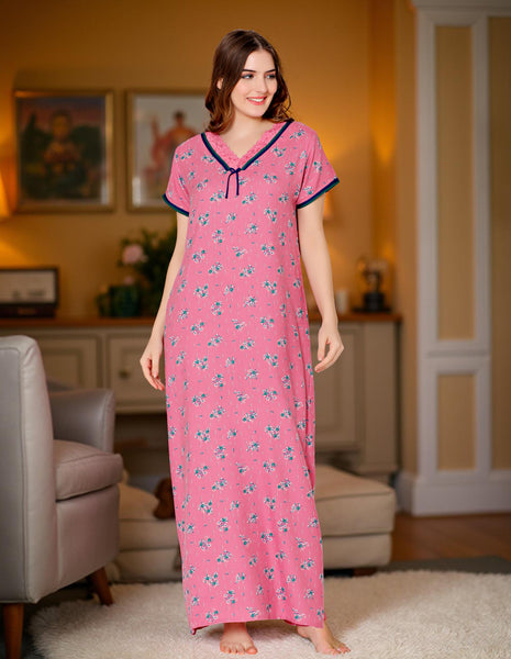 Bodycare Womens Polycotton V Neck Printed Long Night Dress-BSN2011C