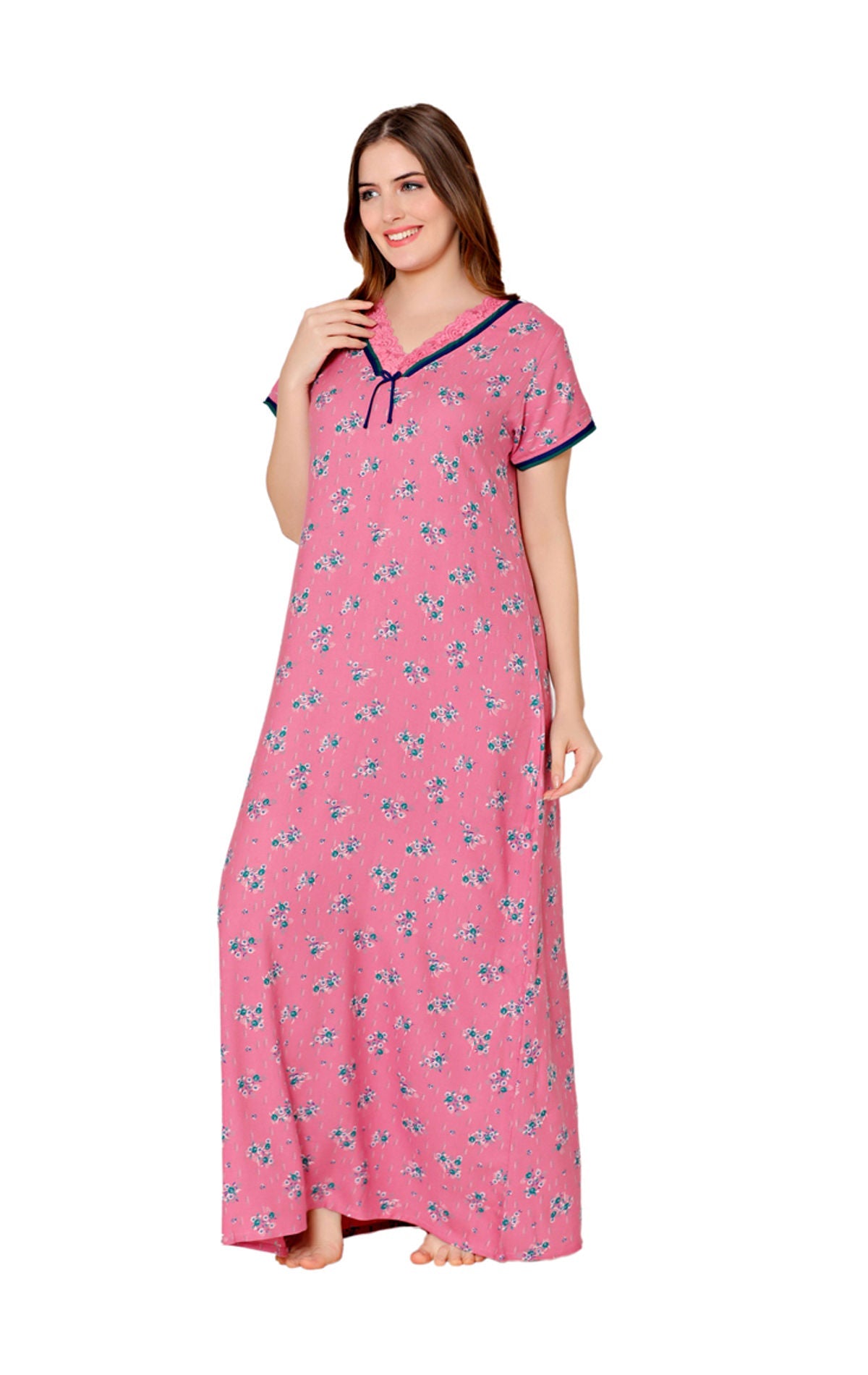 Bodycare Womens Polycotton V Neck Printed Long Night Dress-BSN2011C