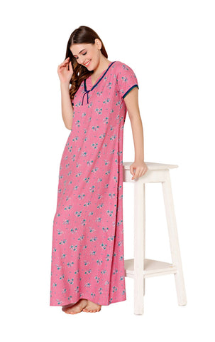 Bodycare Womens Polycotton V Neck Printed Long Night Dress-BSN2011C