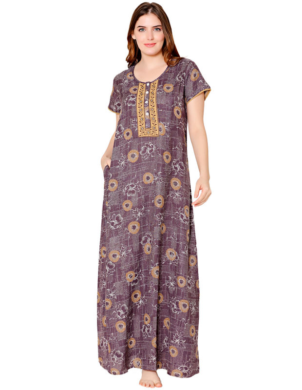 Bodycare Womens Polycotton Round Neck Printed Long Night Dress-BSN2012B