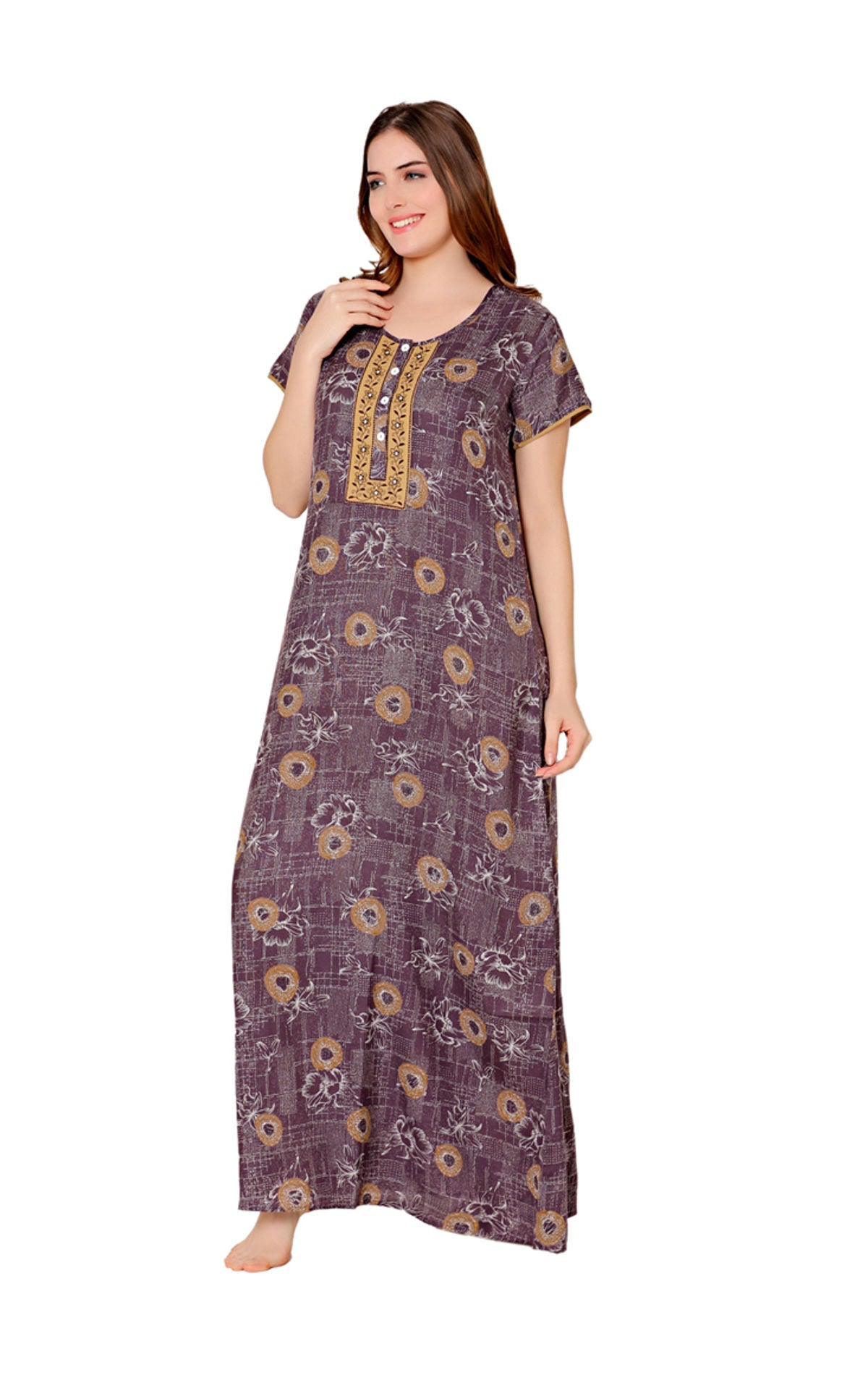 Bodycare Womens Polycotton Round Neck Printed Long Night Dress-BSN2012B