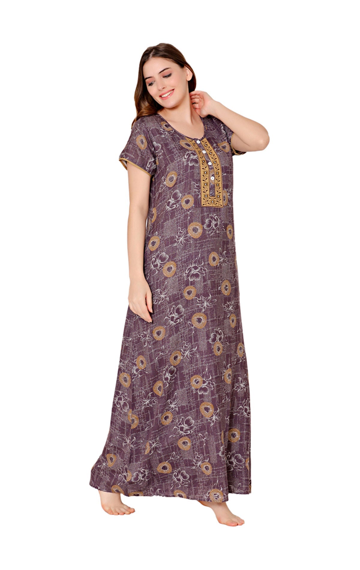 Bodycare Womens Polycotton Round Neck Printed Long Night Dress-BSN2012B