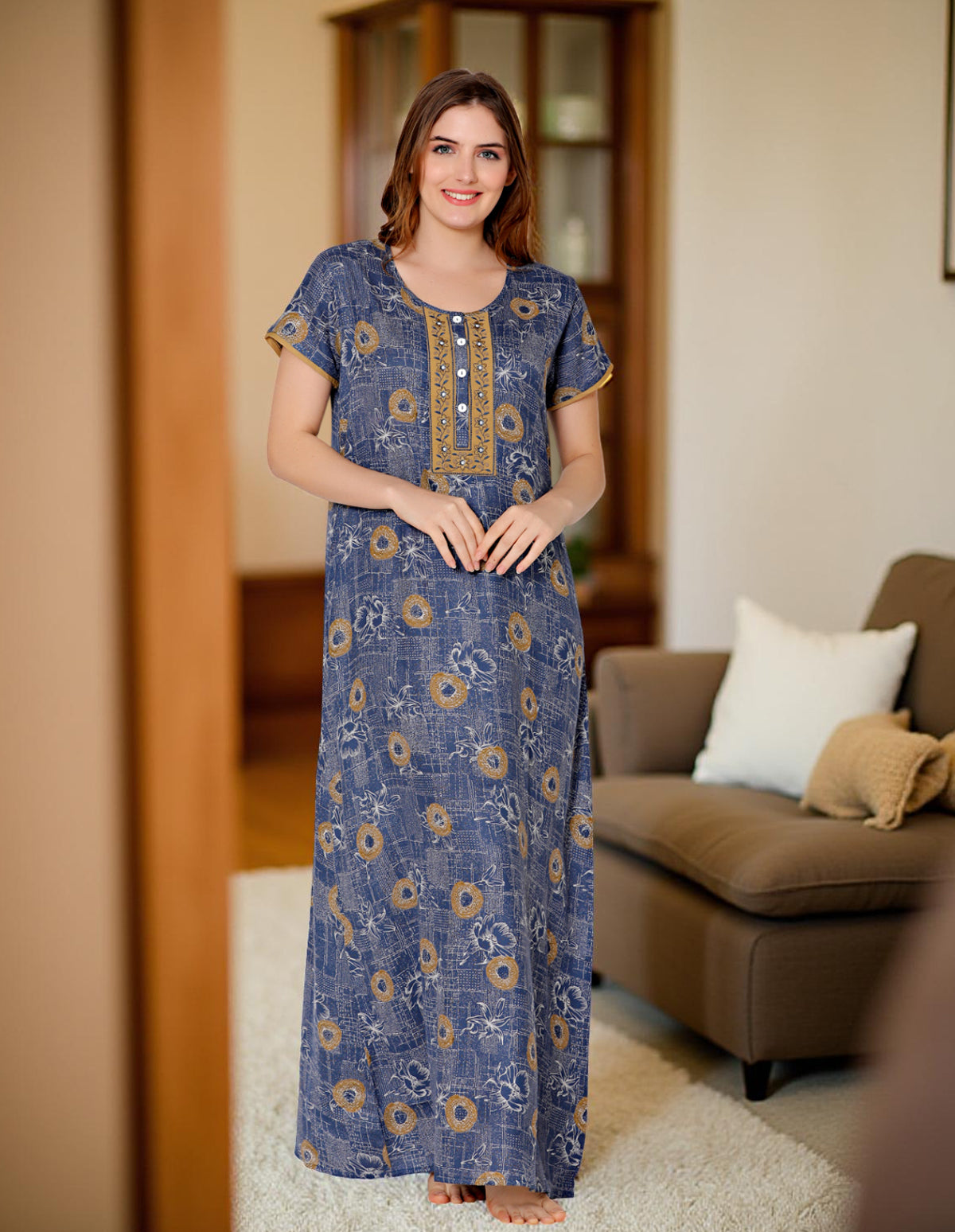 Bodycare Womens Polycotton Round Neck Printed Long Night Dress-BSN2012C