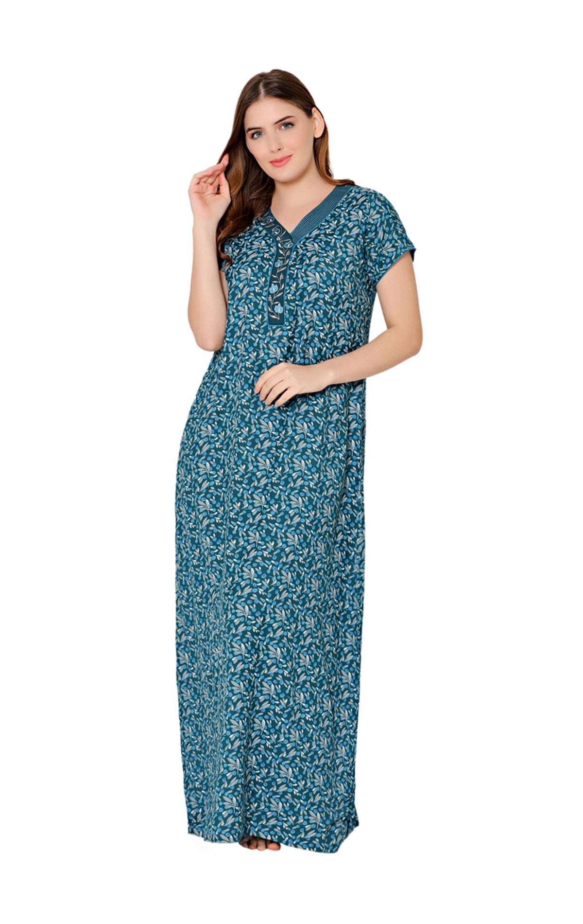 Bodycare Womens Polycotton V Neck Printed Long Night Dress-BSN2013A