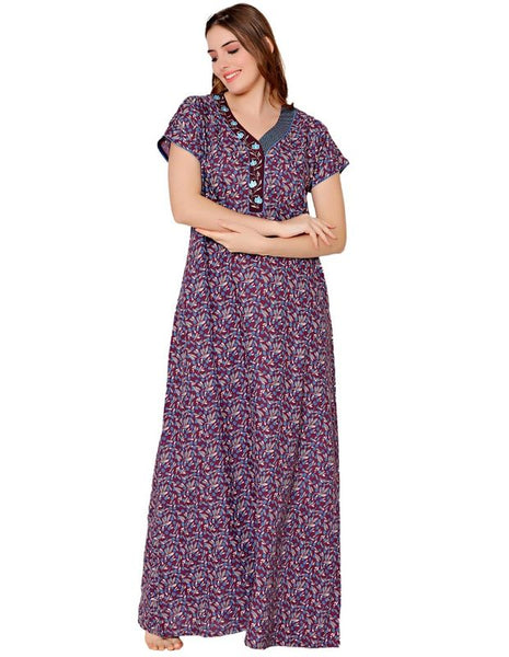 Bodycare Womens Polycotton V Neck Printed Long Night Dress-BSN2013B